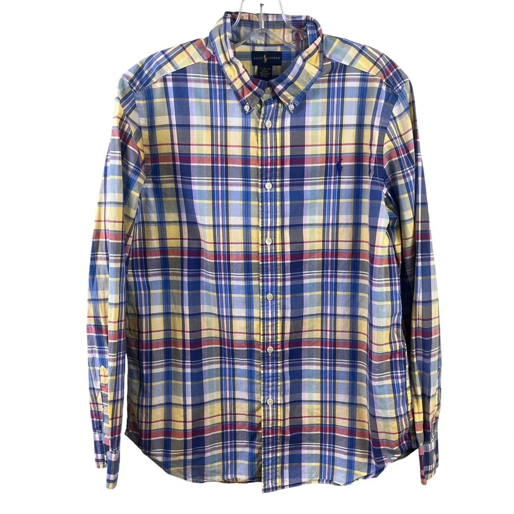 Ralph Lauren Blue Yellow Plaid Long Sleeve Shirt Preppy Cotton Youth XL 18-20
